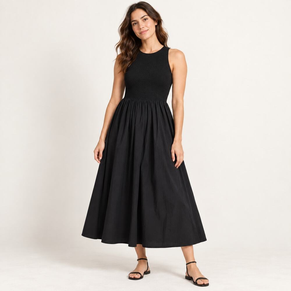 Madewell Melody Dress WMNS XXS Black Smocked Sleeveless Midi Fit Flare Romantic